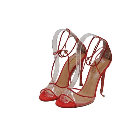 Aquazzura Womens Sandals US7.5 37.5 Red Suede Pvc Ankle Strap 105mm Heels - Picture 3 of 8